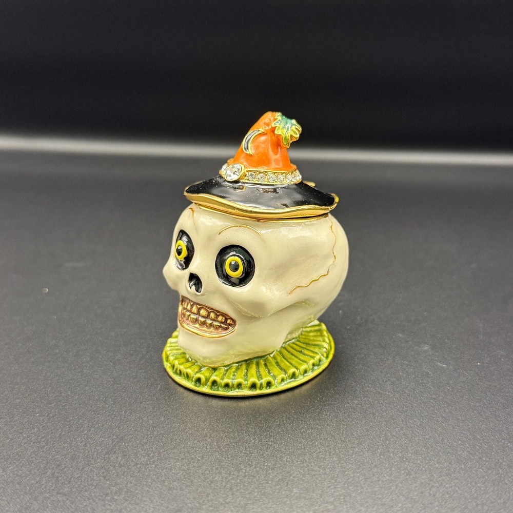 Halloween Skull Witch Hat Enamel Trinket Box Crystal Accents Hinged Collectible - Picture 2 of 7